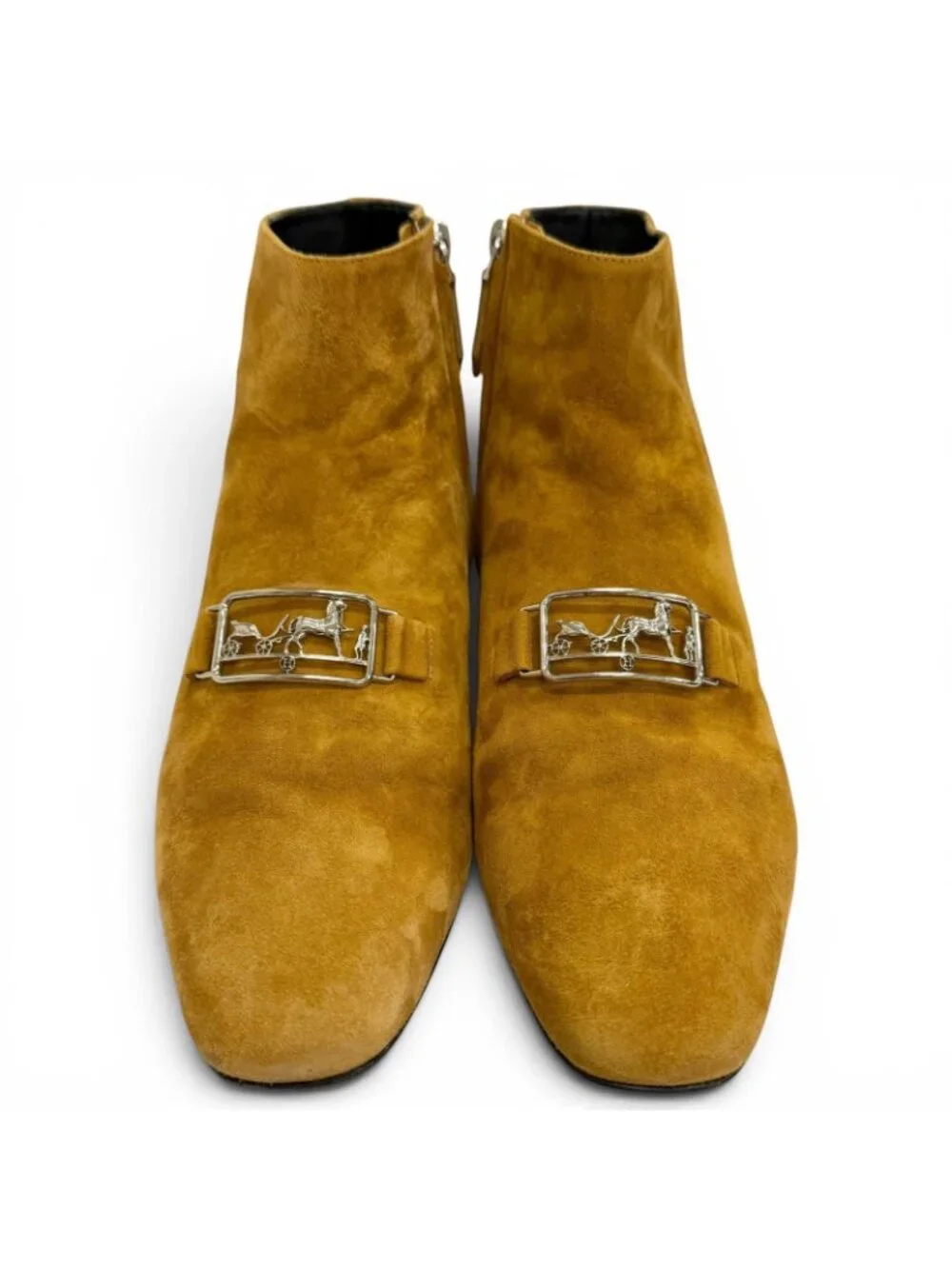 Hermes Suede Leather Carriage Logo Side Zip Short Boots Ankle Camel Brown